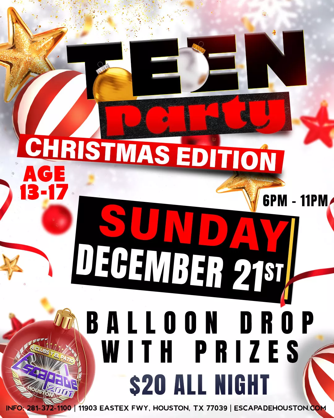 Teen Christmas Party en Houston – Fiesta Juvenil Navideña Póster oficial de Teen Christmas Party en Houston, fiesta navideña para jóvenes con lluvia de globos con premios el domingo 21 de diciembre, entrada $20.