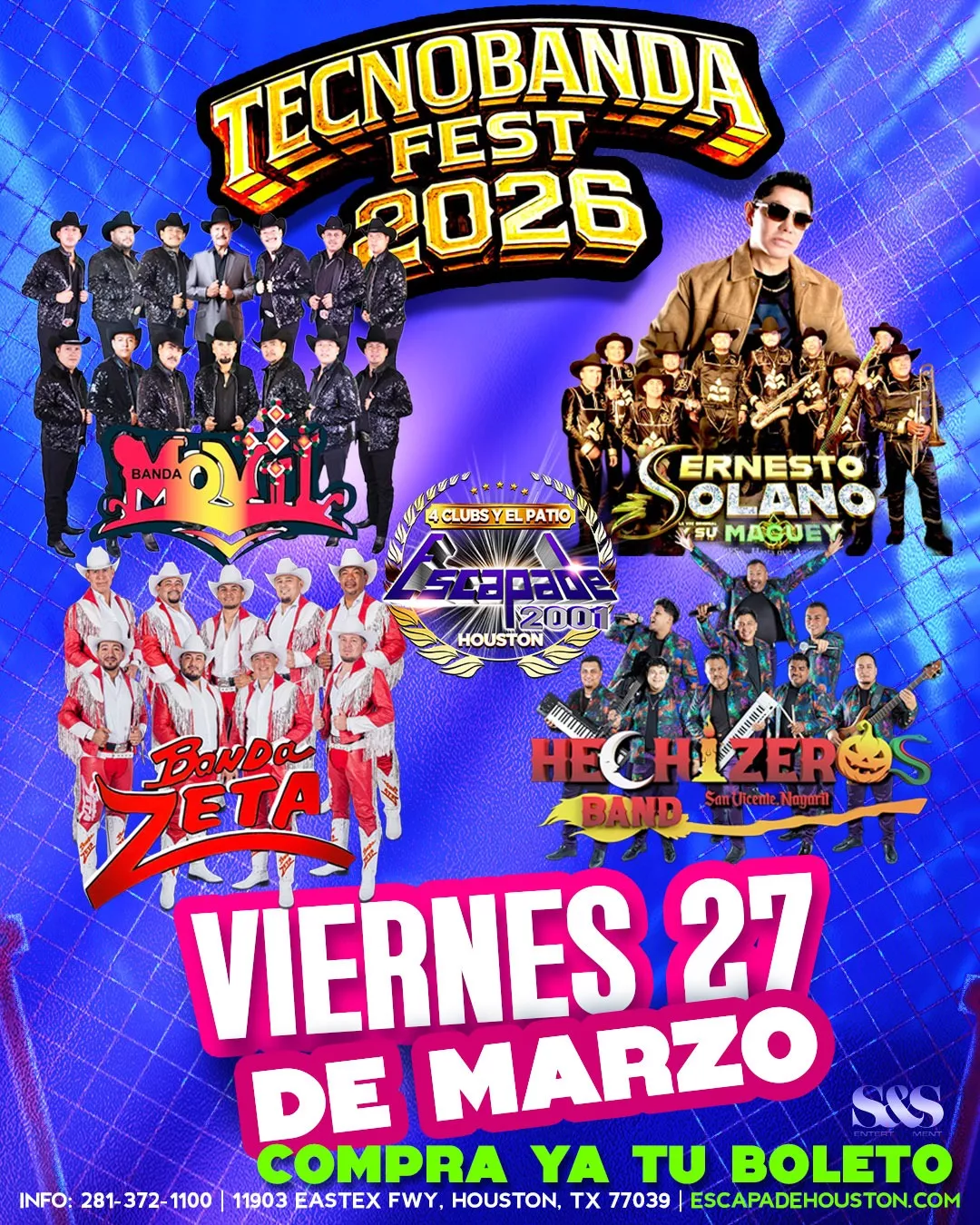 TecnoBanda Fest en Houston | Festival de Música en Vivo Festival de tecnobanda y música regional en vivo en Houston el viernes 27 de marzo en Escapade 2001.