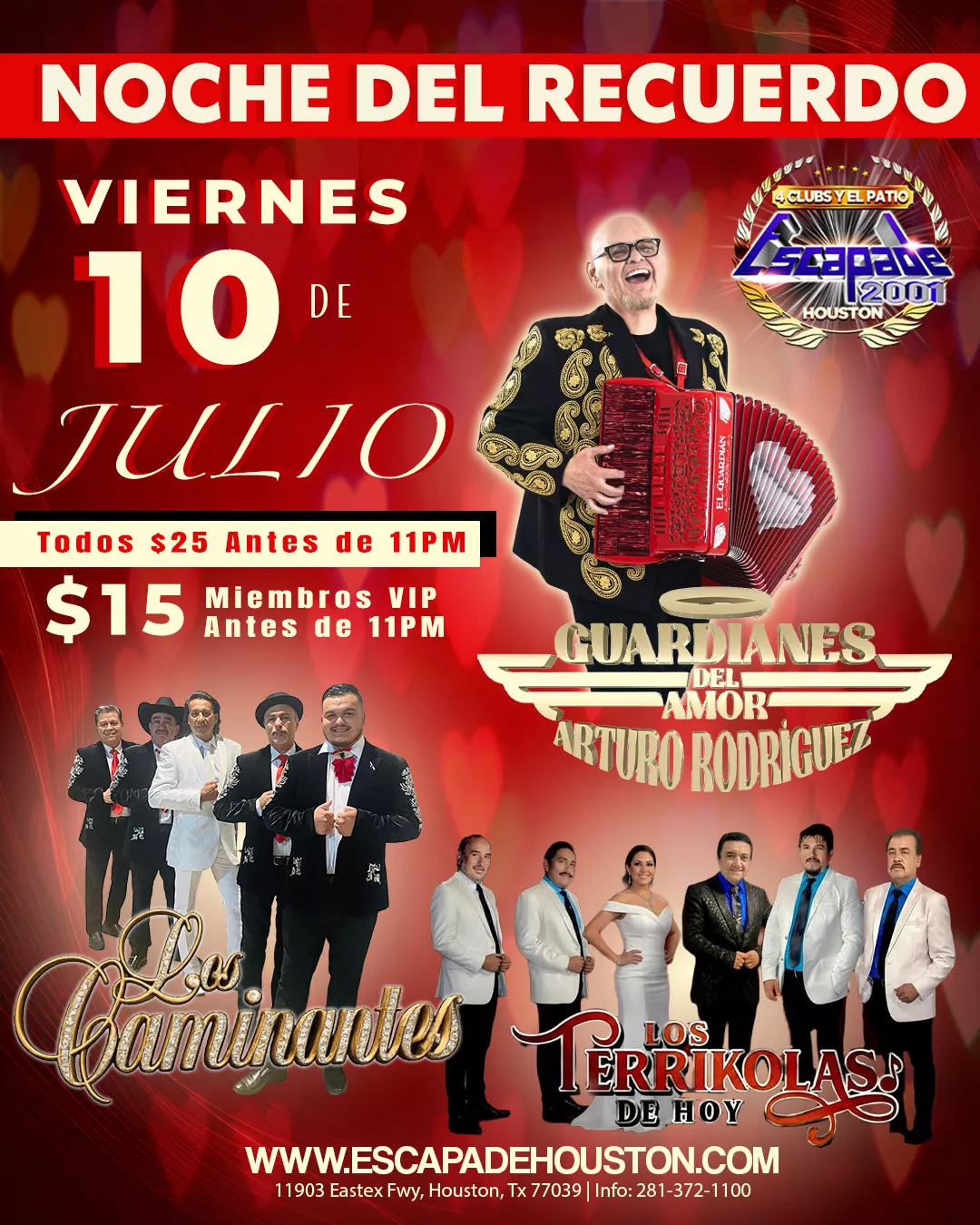 Guardianes del Amor, Los Caminantes y Los Terríkolas de Hoy en Houston Evento de música en vivo con Guardianes del Amor, Los Caminantes y Los Terríkolas de Hoy en Houston con reservaciones de mesa disponibles.