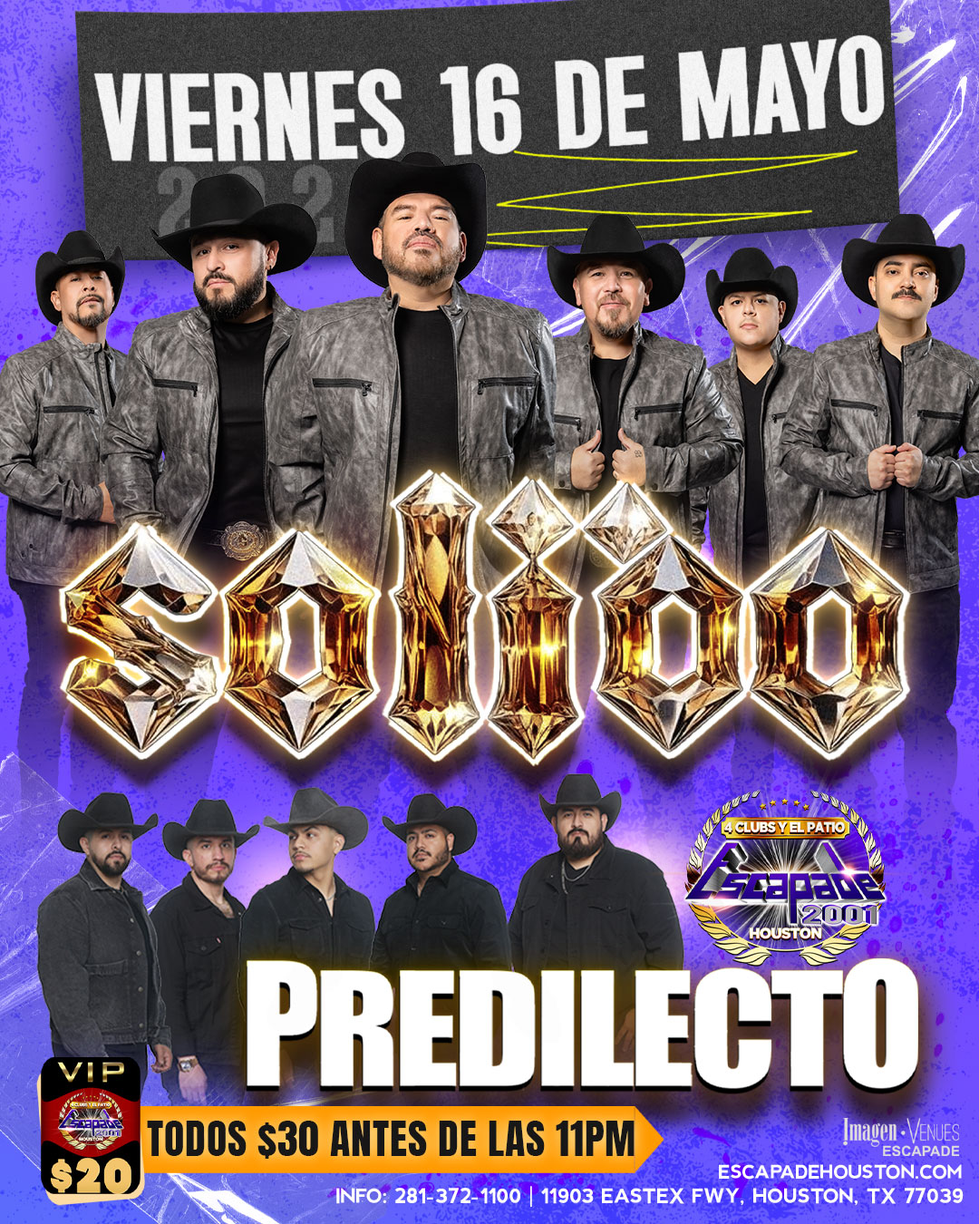 Poster del concierto de Solido y Predilecto el 16 de mayo de 2025 en Escapade 2001 Houston