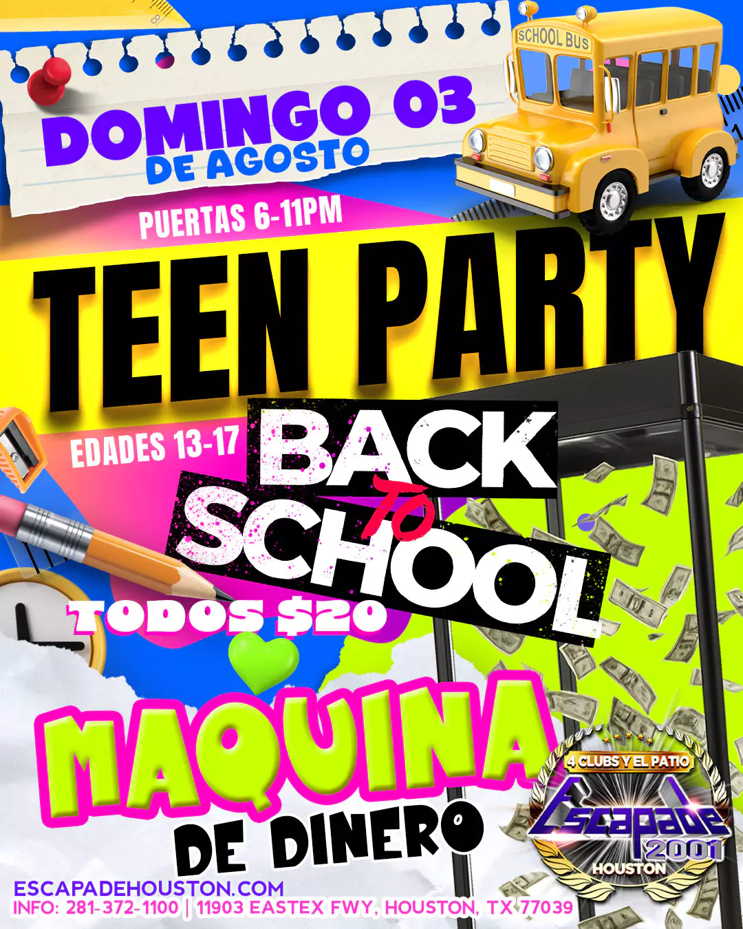 Póster oficial de la Teen Party Back to School en Escapade 2001, evento para jóvenes con música, premios y diversión en Houston, Texas