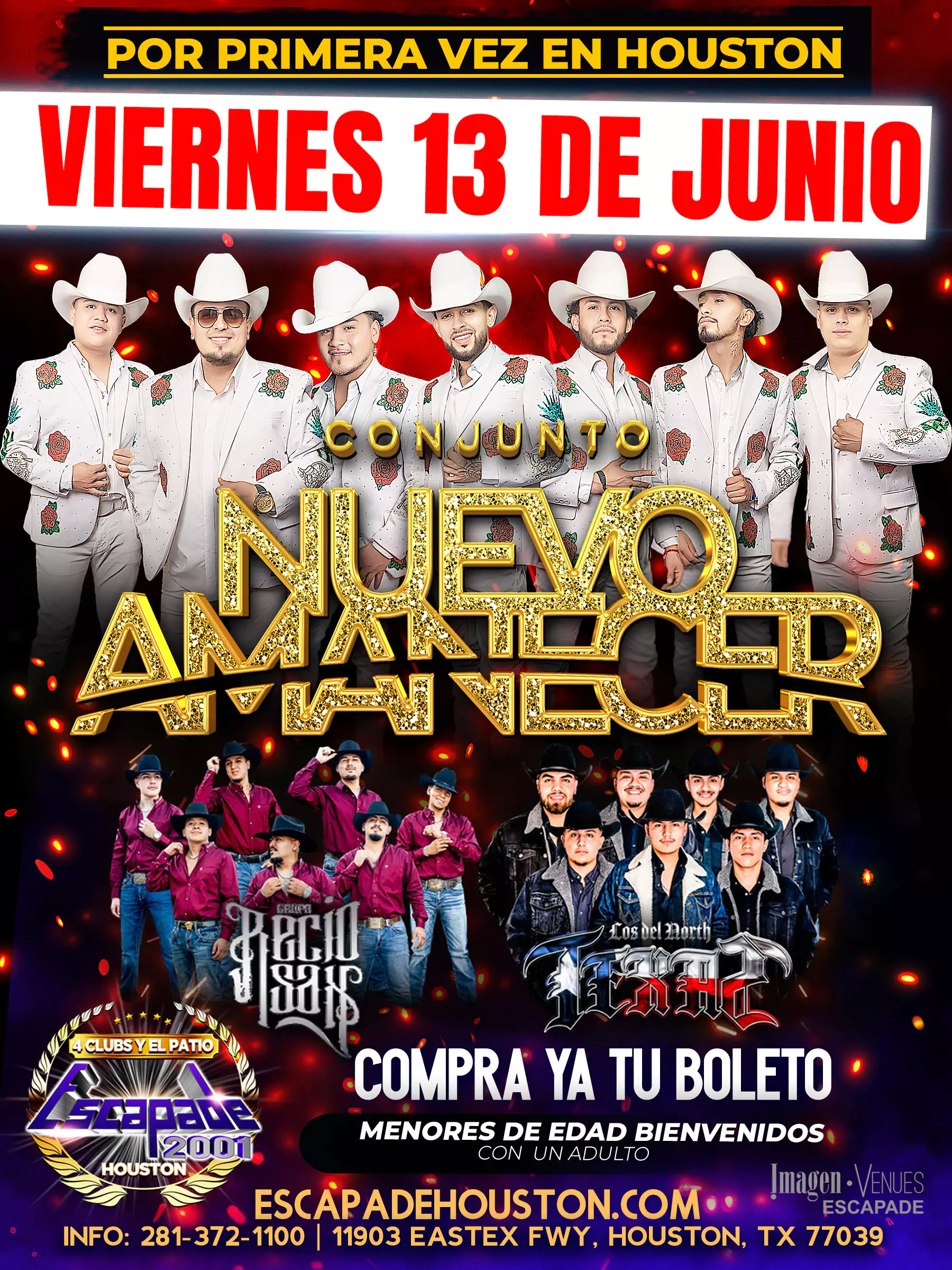 Poster del evento en Houston con Conjunto Nuevo Amanecer en vivo el 13 de junio de 2025 en Escapade 2001