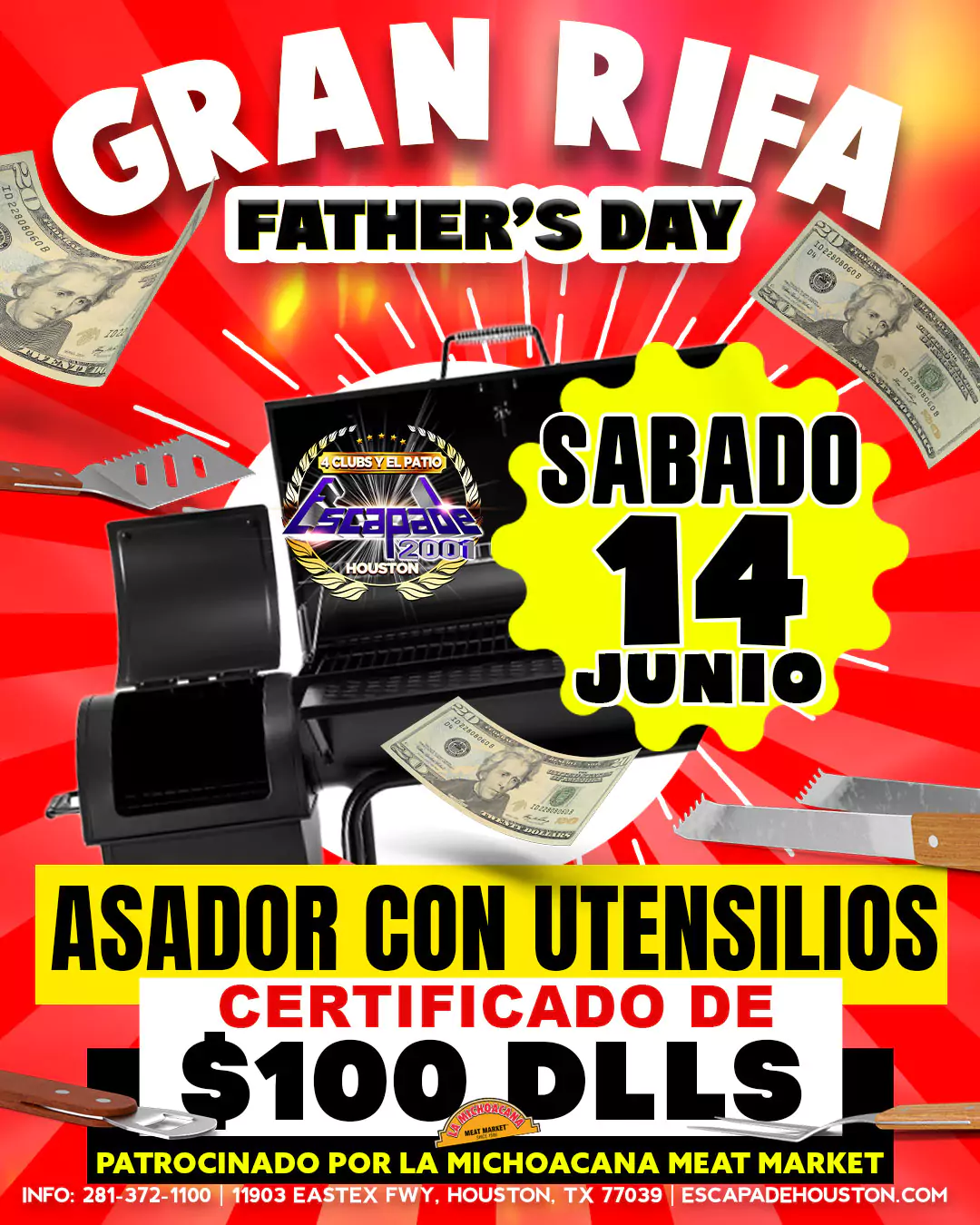 Poster de la Noche del Padre en Escapade 2001 Houston con fiesta y premios especiales