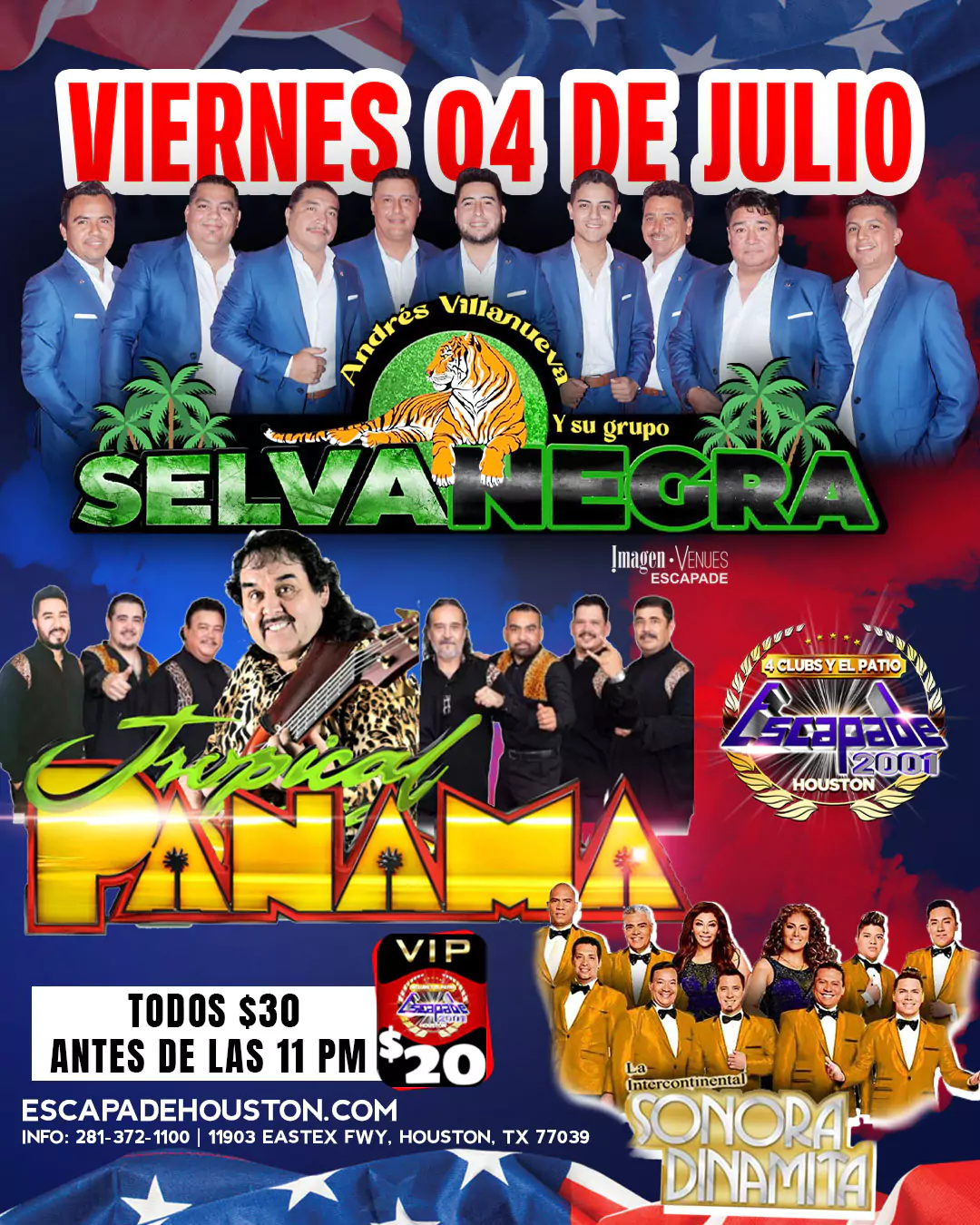 Póster promocional de la Fiesta del 4 de Julio en Houston con Tropical Panamá, Sonora Dinamita, Andrés Villanueva y más