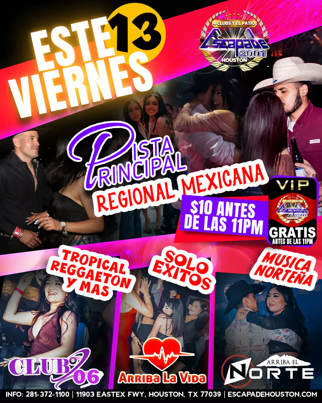 Póster promocional del evento 4 Clubs en 1 con DJs en vivo y 4 ambientes en Escapade 2001 Houston
