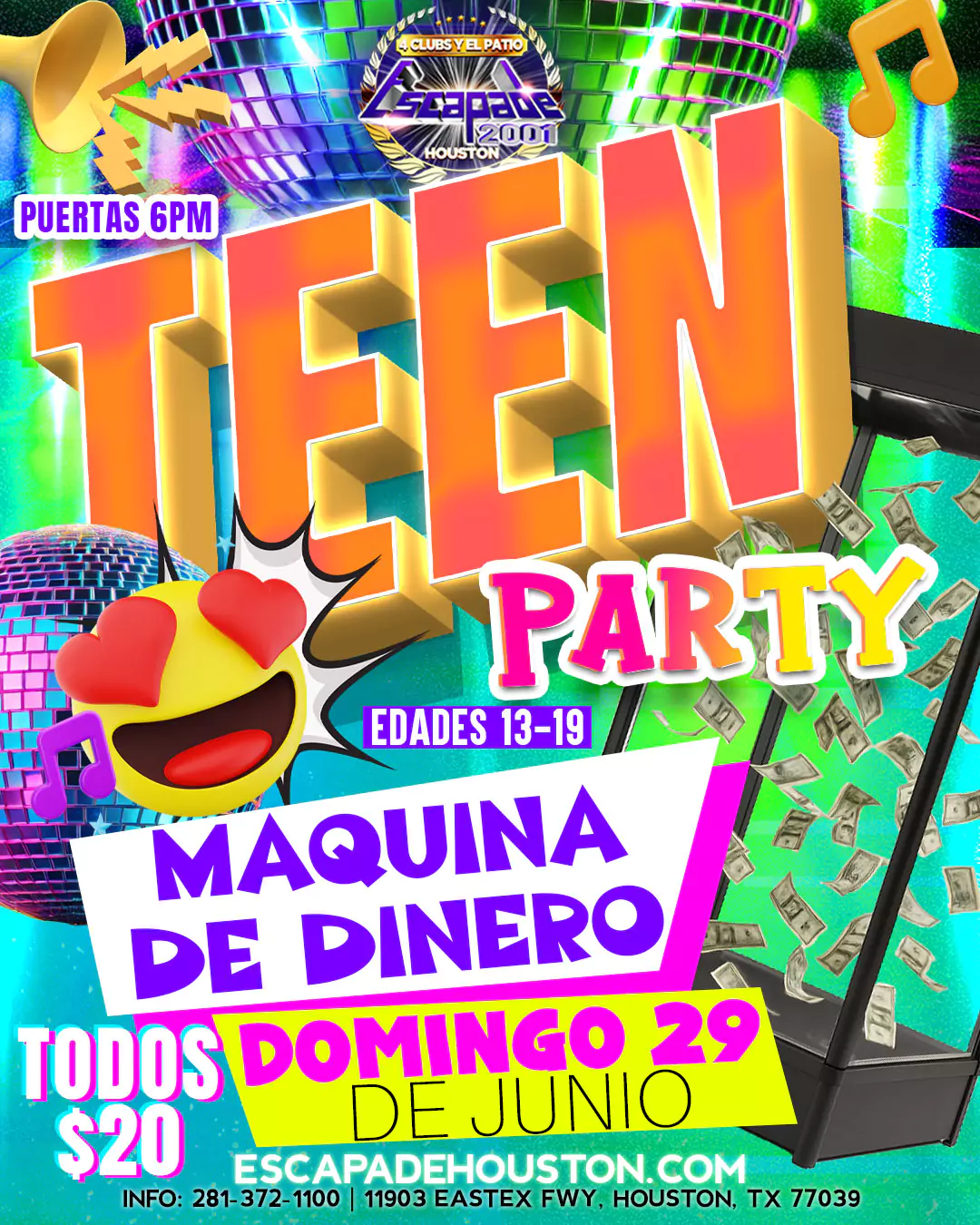 Poster del evento Teen Party en Escapade 2001 Houston, para jóvenes de 13 a 19 años el 29 de junio