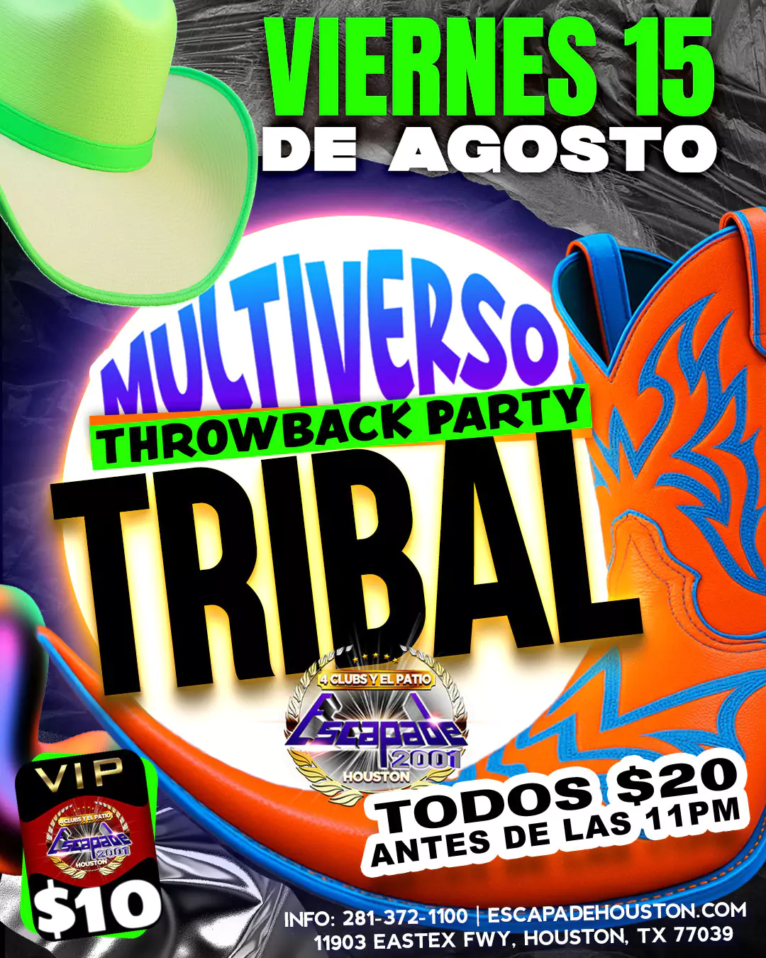 Imagen promocional del evento Throwback Party Tribal en Escapade 2001, con visuales retro y detalles de entrada en Houston
