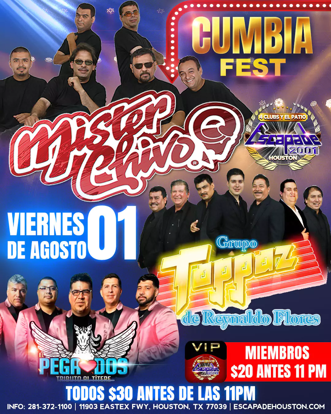 Póster oficial del evento Cumbia Fest en Escapade 2001, viernes 1 de agosto, con Mister Chivo, Grupo Toppaz de Reynaldo Flores y Pega Dos en vivo en Houston, Texas