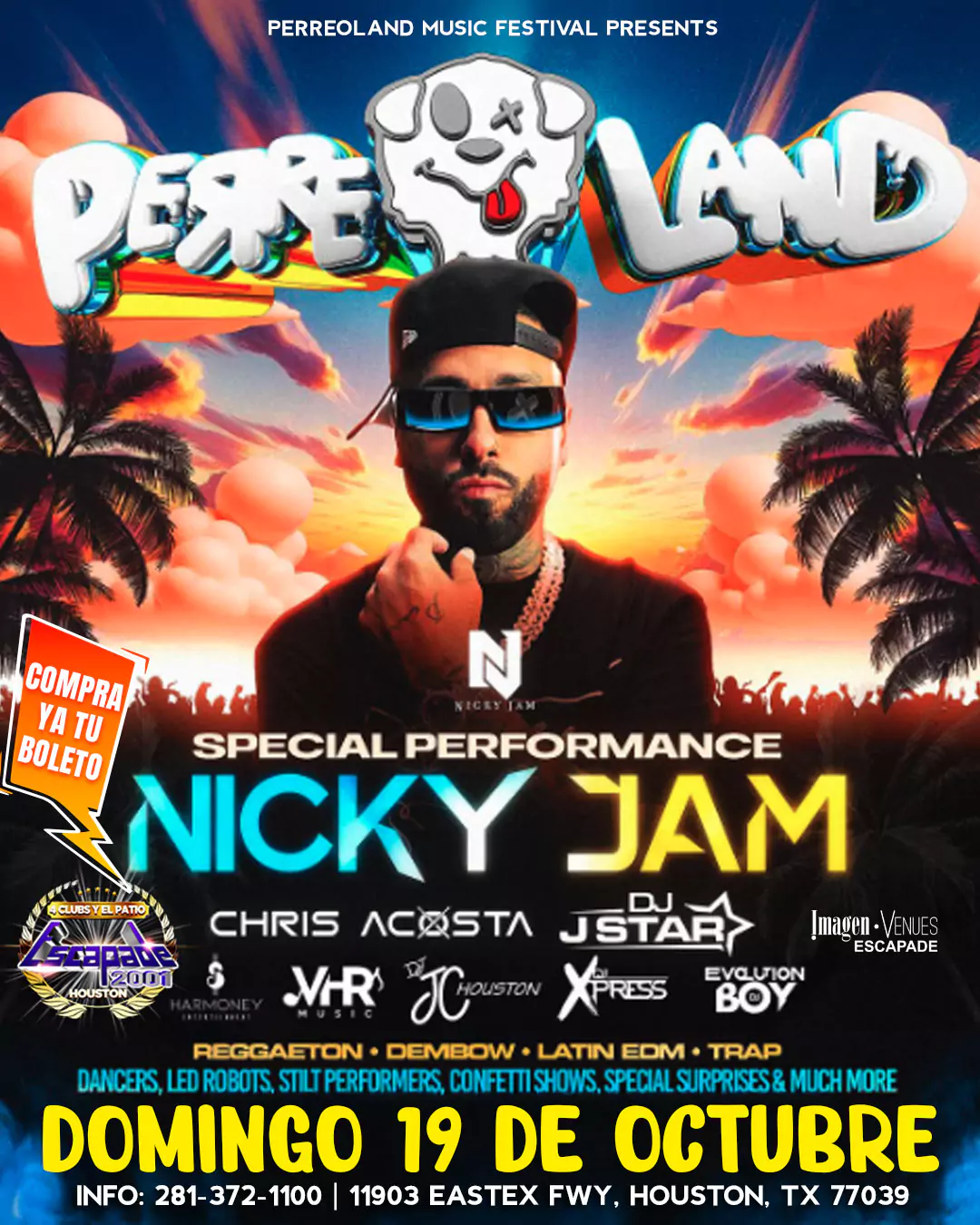 Póster oficial de Perreoland Festival en Escapade 2001, Houston, domingo 19 de octubre de 2025, con Nicky Jam, DJs de reggaetón, dembow, latin EDM y trap, show de luces, bailarines y entretenimiento en vivo.