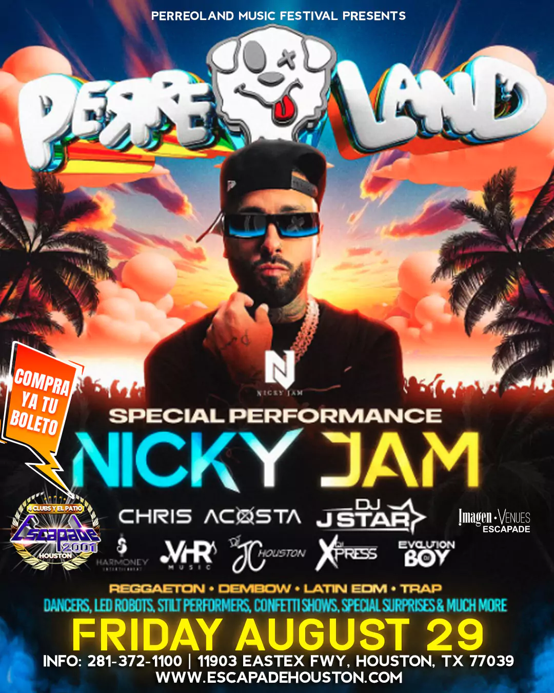 Póster oficial de Perreoland Festival en Escapade 2001, Houston, viernes 29 de agosto de 2025, con Nicky Jam, DJs de reggaetón, dembow, latin EDM y trap, show de luces, bailarines y entretenimiento en vivo.