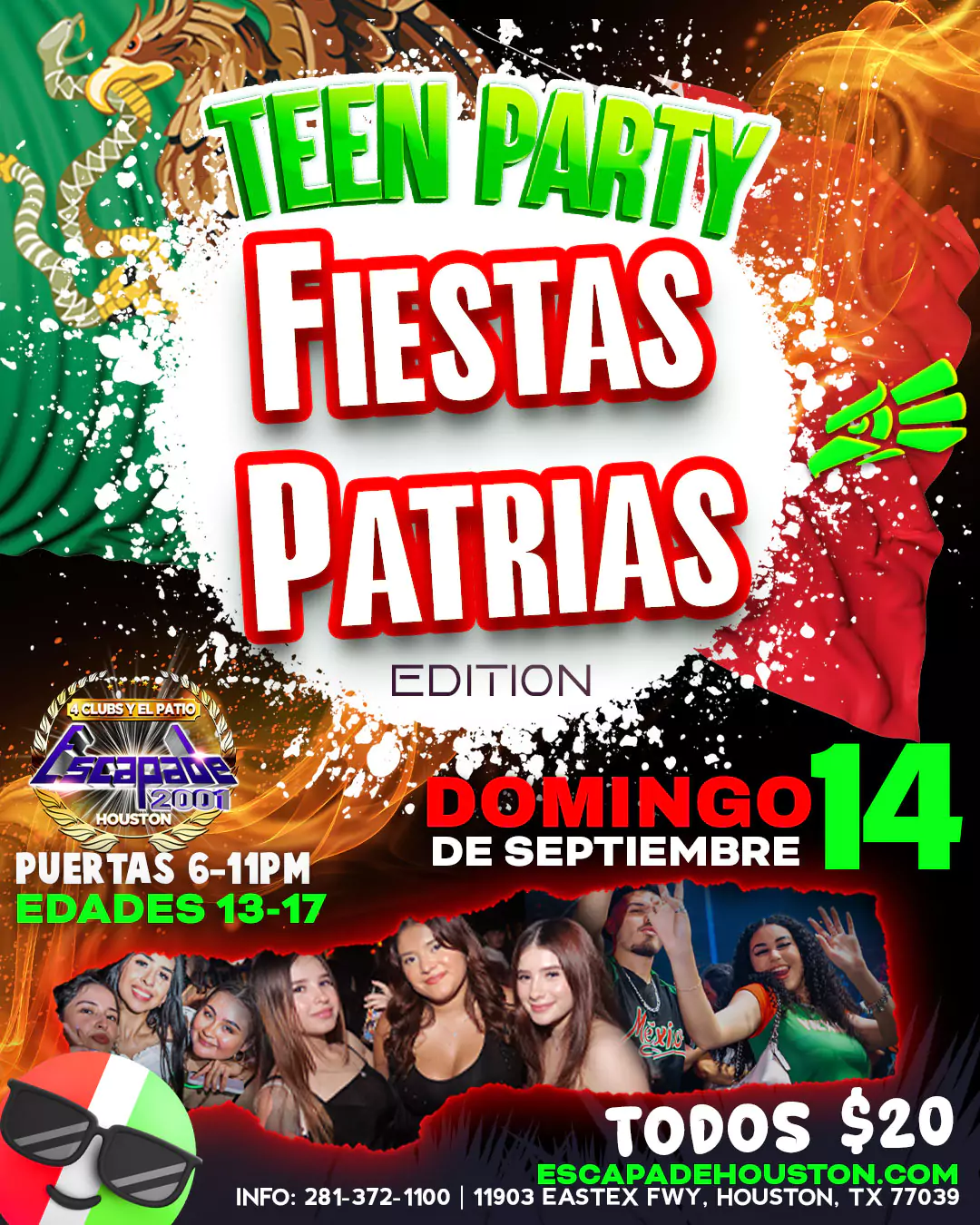 Póster oficial de Teen Party Fiestas Patrias en Escapade 2001, evento para jóvenes de 13 a 17 años el domingo 14 de septiembre en Houston, Texas