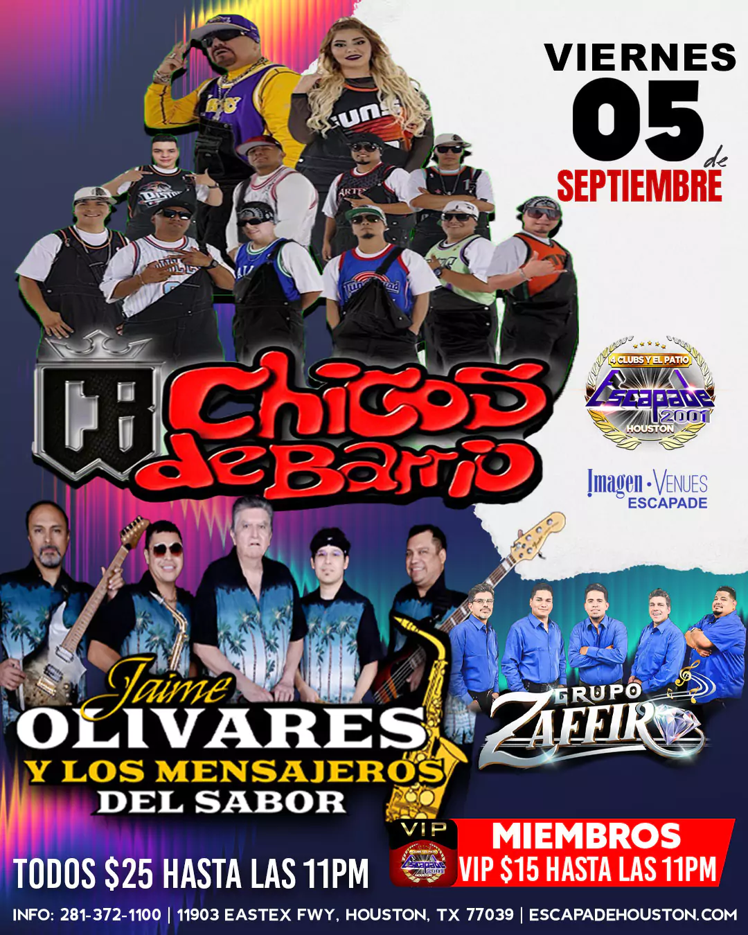 Póster oficial del evento de cumbia con Los Chicos de Barrio, Jaime Olivares y Grupo Zaffiro en vivo el viernes 5 de septiembre en Escapade 2001, Houston