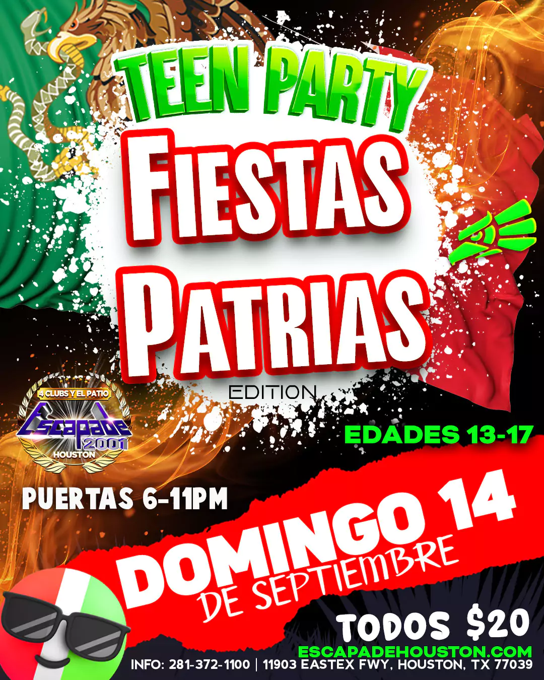 Póster oficial de Teen Party Fiestas Patrias en Escapade 2001, evento para jóvenes de 13 a 17 años el domingo 14 de septiembre en Houston, Texas