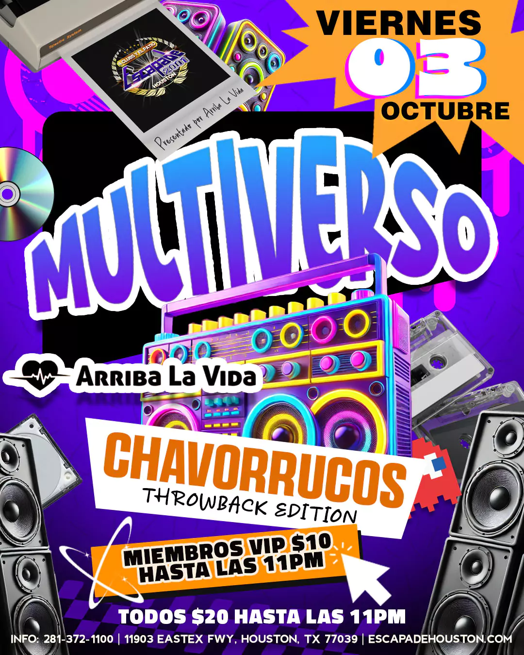 Póster oficial de Chavorrucos Throwback Edition en Escapade 2001 Houston, viernes 3 de octubre de 2025, con música de los 80, 90 y 2000 presentada por Arriba la Vida, admisión $20 y VIP $10 antes de las 11PM.