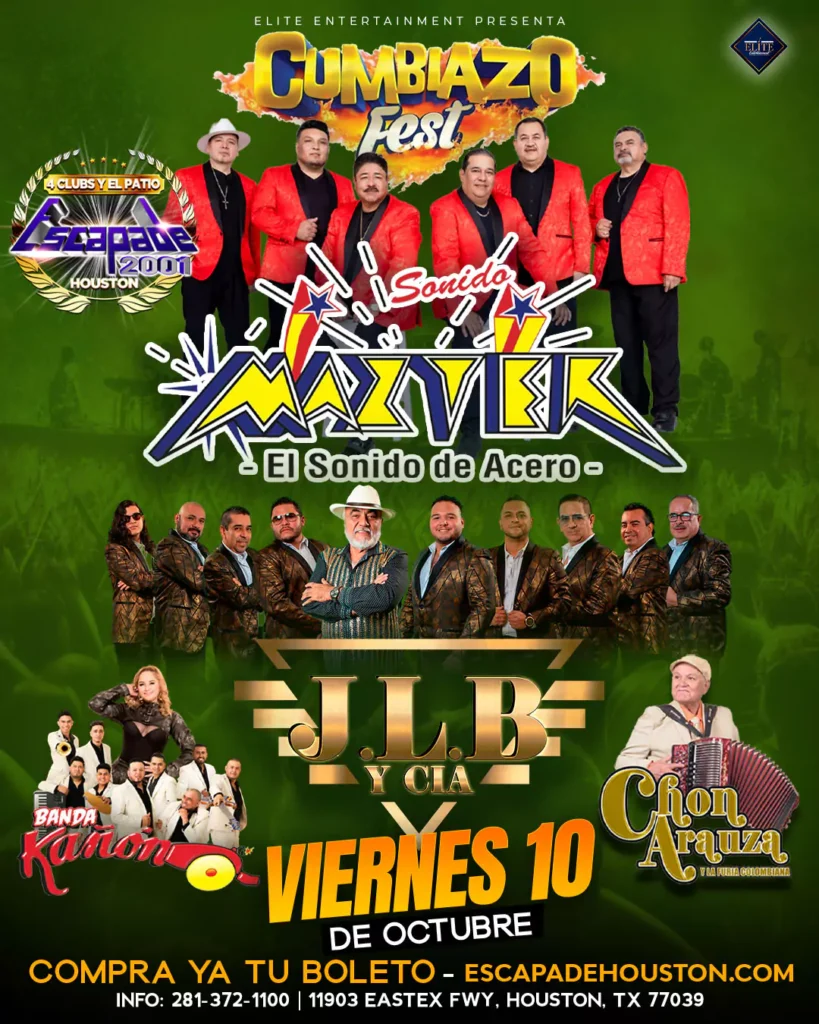 Cartel oficial de Cumbiazo Fest en Houston con Sonido Mazter, JLB y Cía, Banda Kañon y Chon Arauza – compra de boletos y tickets.