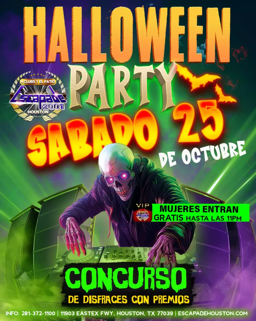 Póster oficial de Halloween Party en Escapade 2001 Houston, sábado 25 de octubre, con concurso de disfraces con premios y entrada gratis para mujeres hasta las 11PM.