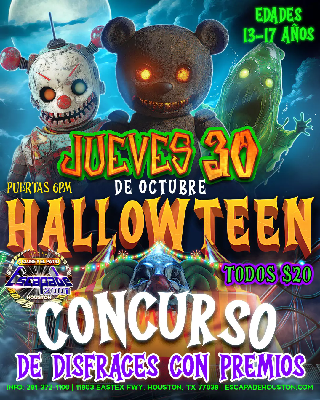 Póster oficial de Hallowteen Party, evento juvenil en Houston el jueves 30 de octubre para jóvenes de 13 a 17 años, con temática de Halloween, concurso de disfraces y premios