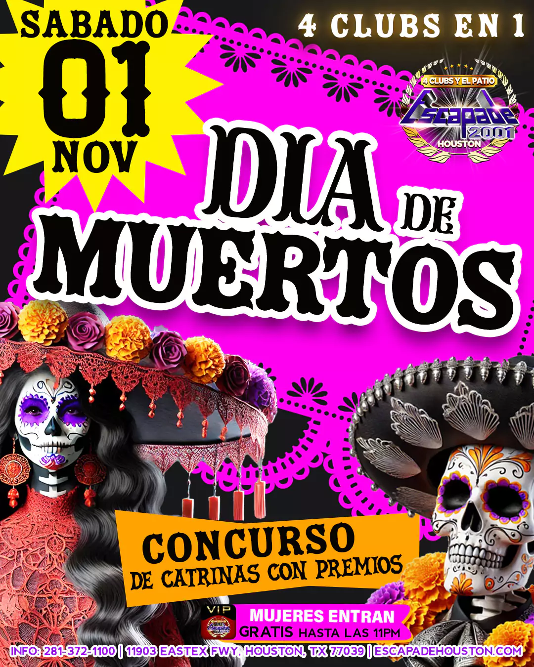Póster oficial de la Fiesta Día de Muertos en Escapade 2001 el sábado 1 de noviembre, con concurso de catrinas, premios y entrada gratuita para mujeres VIP antes de las 11PM
