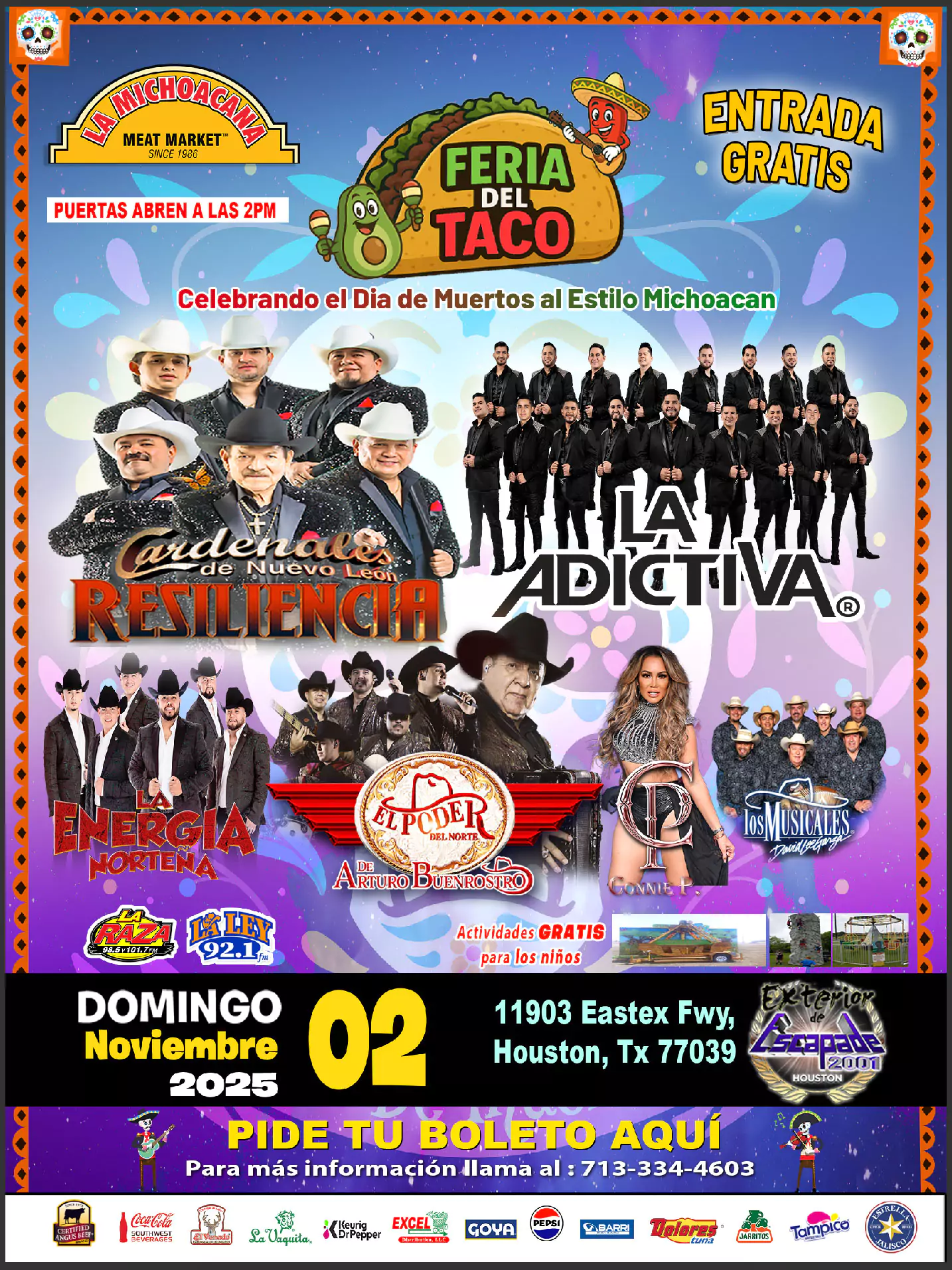 Póster oficial de la Feria del Taco en Houston el domingo 2 de noviembre con más de 40 puestos de tacos, actividades infantiles, artistas en vivo como La Adictiva, Cardenales de Nuevo León y reservación de mesas disponible