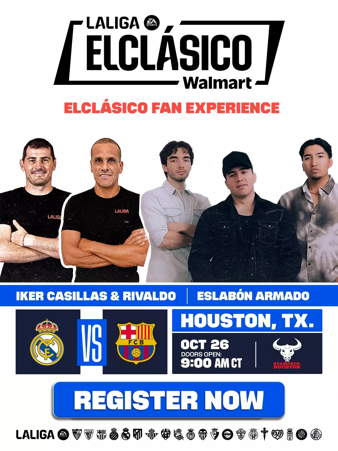 Póster oficial de El Clásico Fan Experience presentado por LaLiga y Walmart en Stampede Houston, con la transmisión del partido Real Madrid vs Barcelona y presentación en vivo de Eslabón Armado el domingo 26 de octubre.