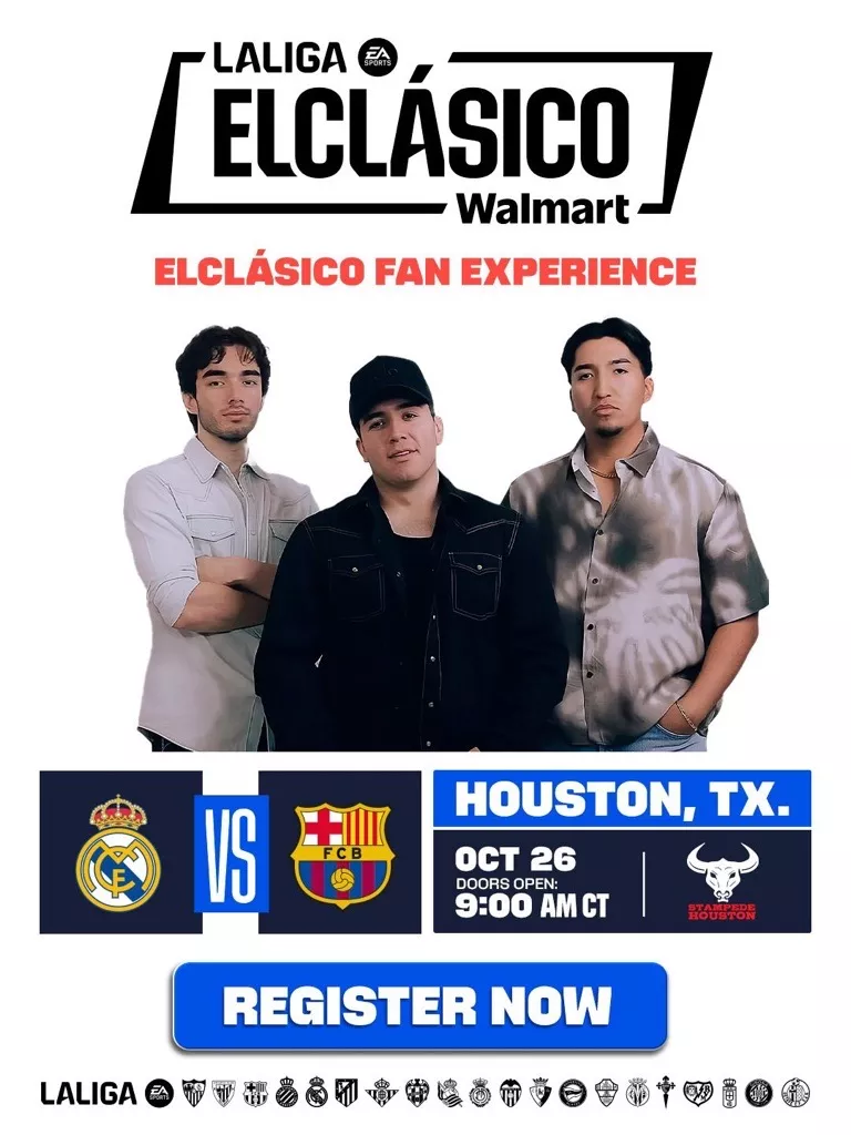 Póster oficial de El Clásico Fan Experience presentado por LaLiga y Walmart en Stampede Houston, con la transmisión del partido Real Madrid vs Barcelona y presentación en vivo de Eslabón Armado el domingo 26 de octubre.