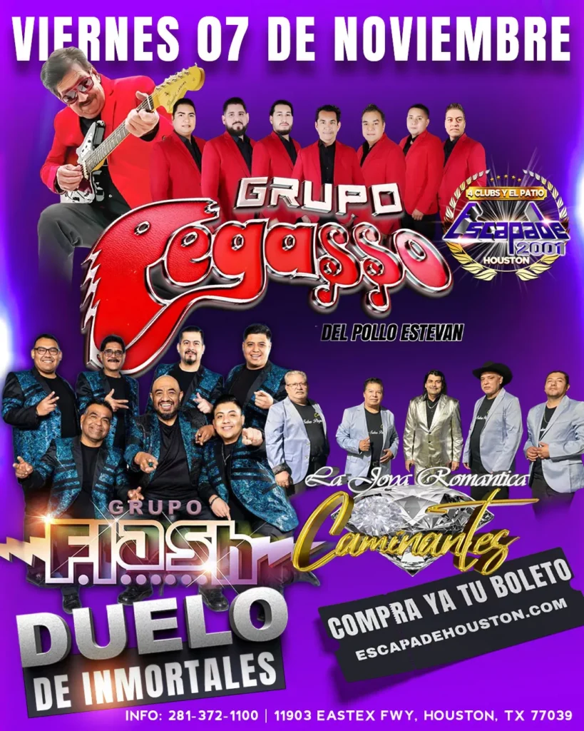 Póster oficial del concierto Duelo de Inmortales con Grupo Pegasso, Grupo Flash y Caminantes en vivo el viernes 7 de noviembre de 2025 en Escapade 2001 Houston, con boletos y reservaciones disponibles.