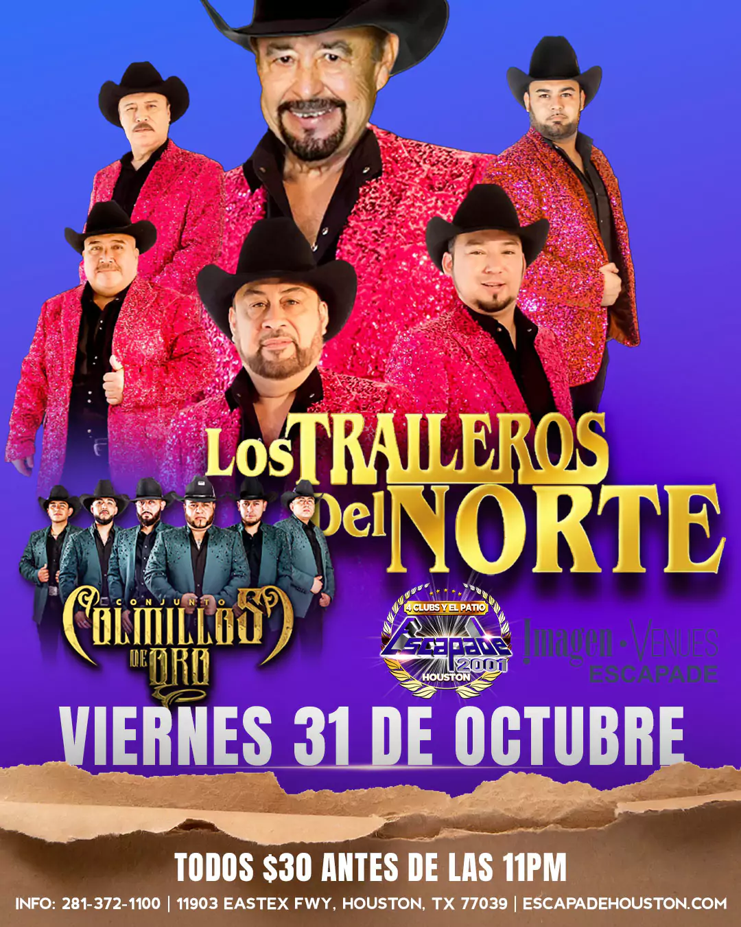 Póster oficial del concierto de Los Traileros del Norte en Escapade 2001, Houston, viernes 31 de octubre de 2025, con admisión de $30 antes de las 11PM y reservaciones de mesa disponibles.