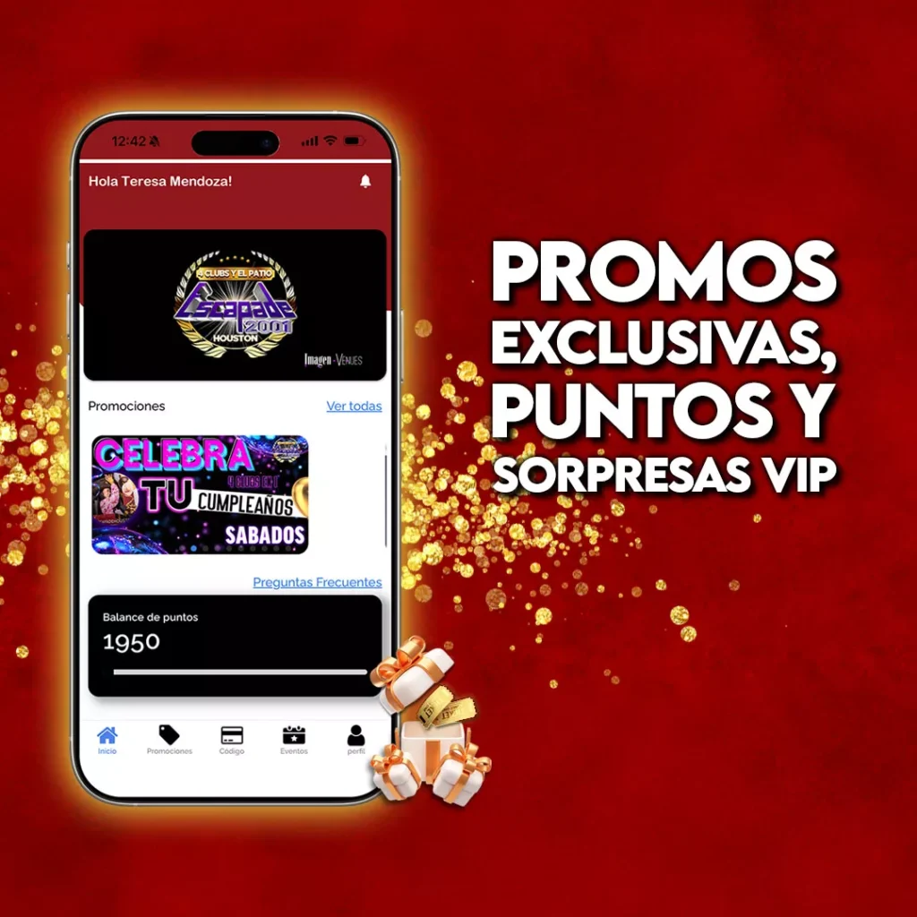 Pantalla de la App Escapade VIP mostrando promociones, balance de puntos y recompensas exclusivas
