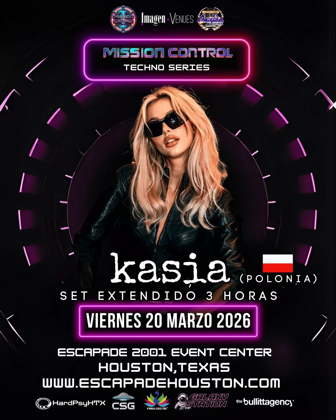 Póster oficial del evento KASIA en Houston, DJ internacional de techno en la Mission Control Techno Series en Escapade 2001, con boletos y reservaciones disponibles.