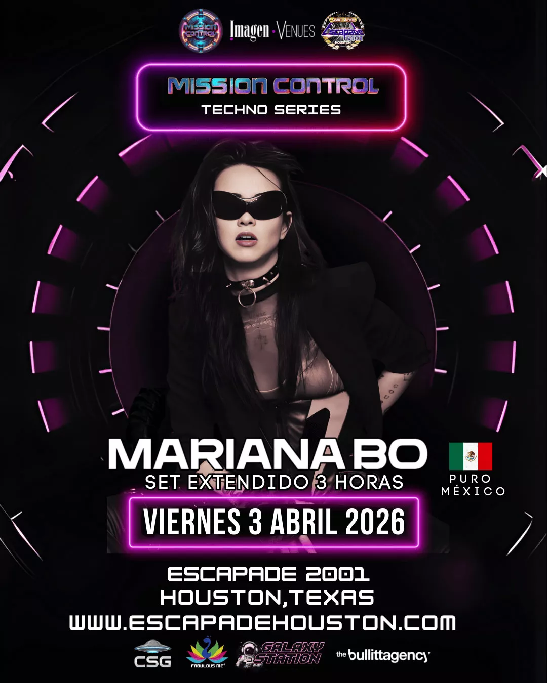 Póster oficial del evento Mariana Bo en Houston, DJ internacional de techno presentándose en la Mission Control Techno Series en Escapade 2001, puertas abren a las 9 PM, boletos y reservaciones disponibles.