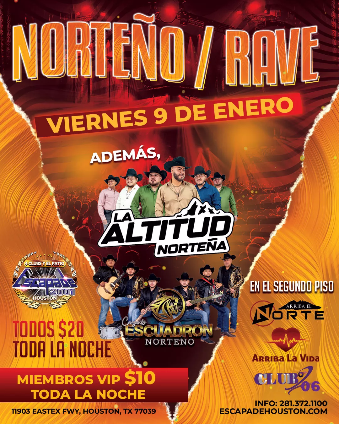 Evento de música norteña en vivo con La Altitud Norteña y Conjunto Escuadrón Norteño en Escapade 2001 Houston, viernes 9 de enero.