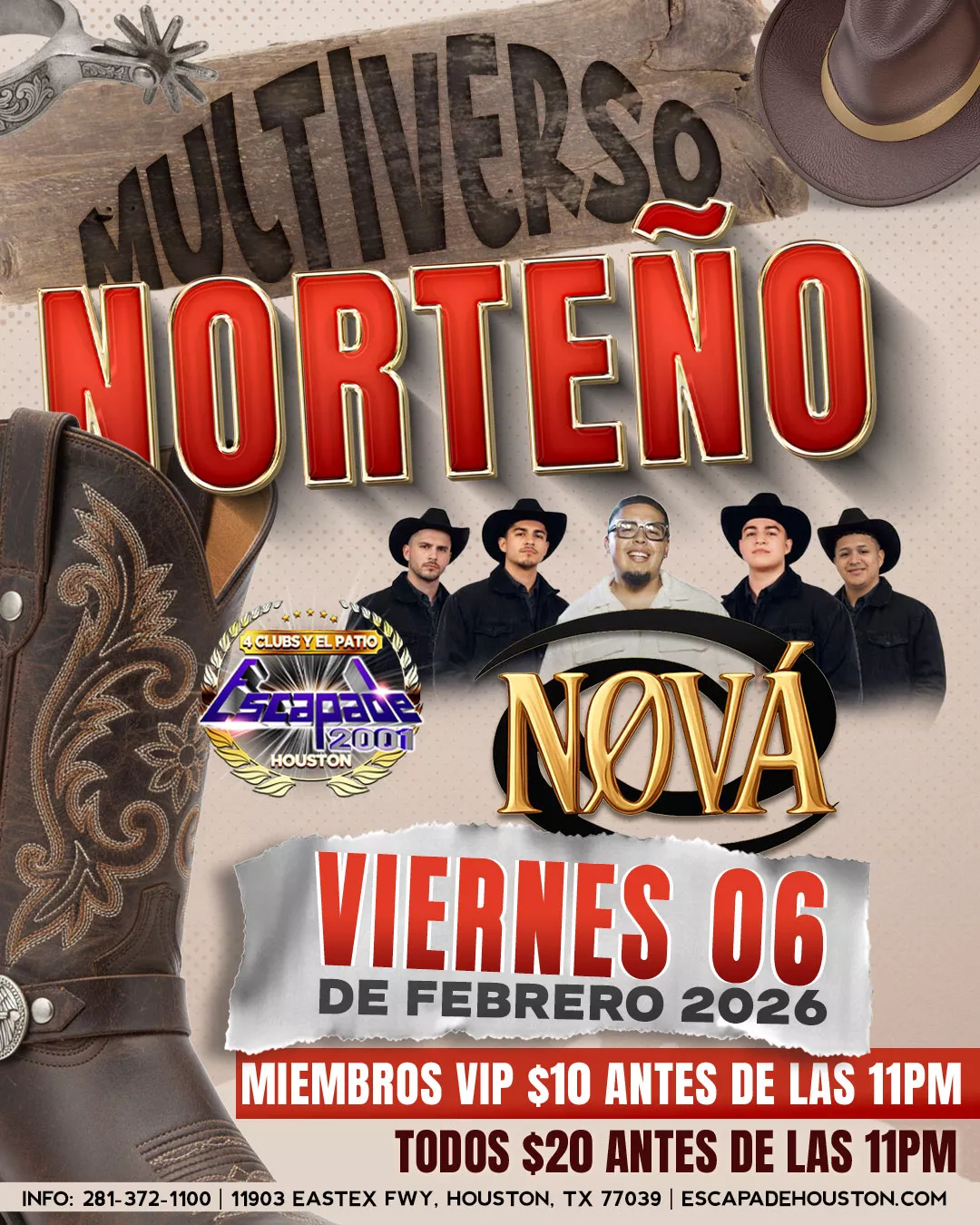 Evento Multiverso con música Arriba El Norte y presentación de Grupo NOVA en Houston, viernes 6 de febrero.