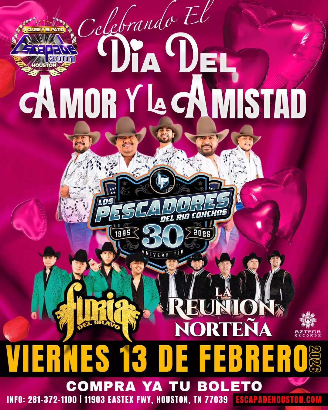 Concierto de música norteña en vivo por San Valentín con Los Pescadores del Río Conchos, La Furia Norteña y La Reunión Norteña en Houston.