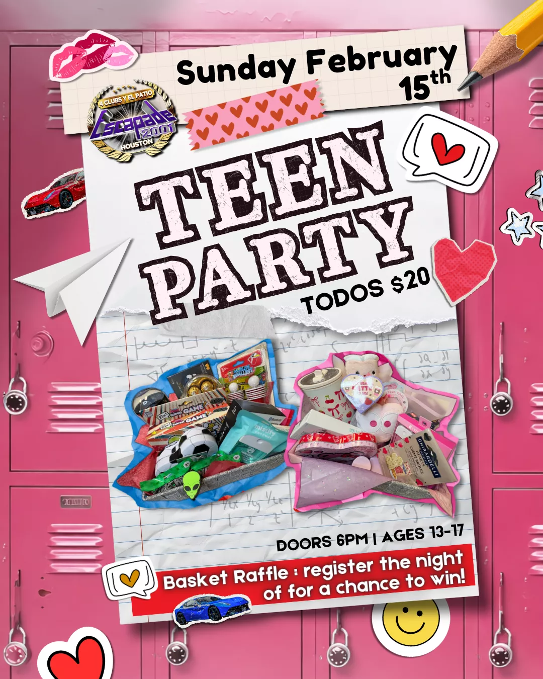 Evento Teen Party de San Valentín para jóvenes en Houston, domingo 15 de febrero en Escapade 2001.