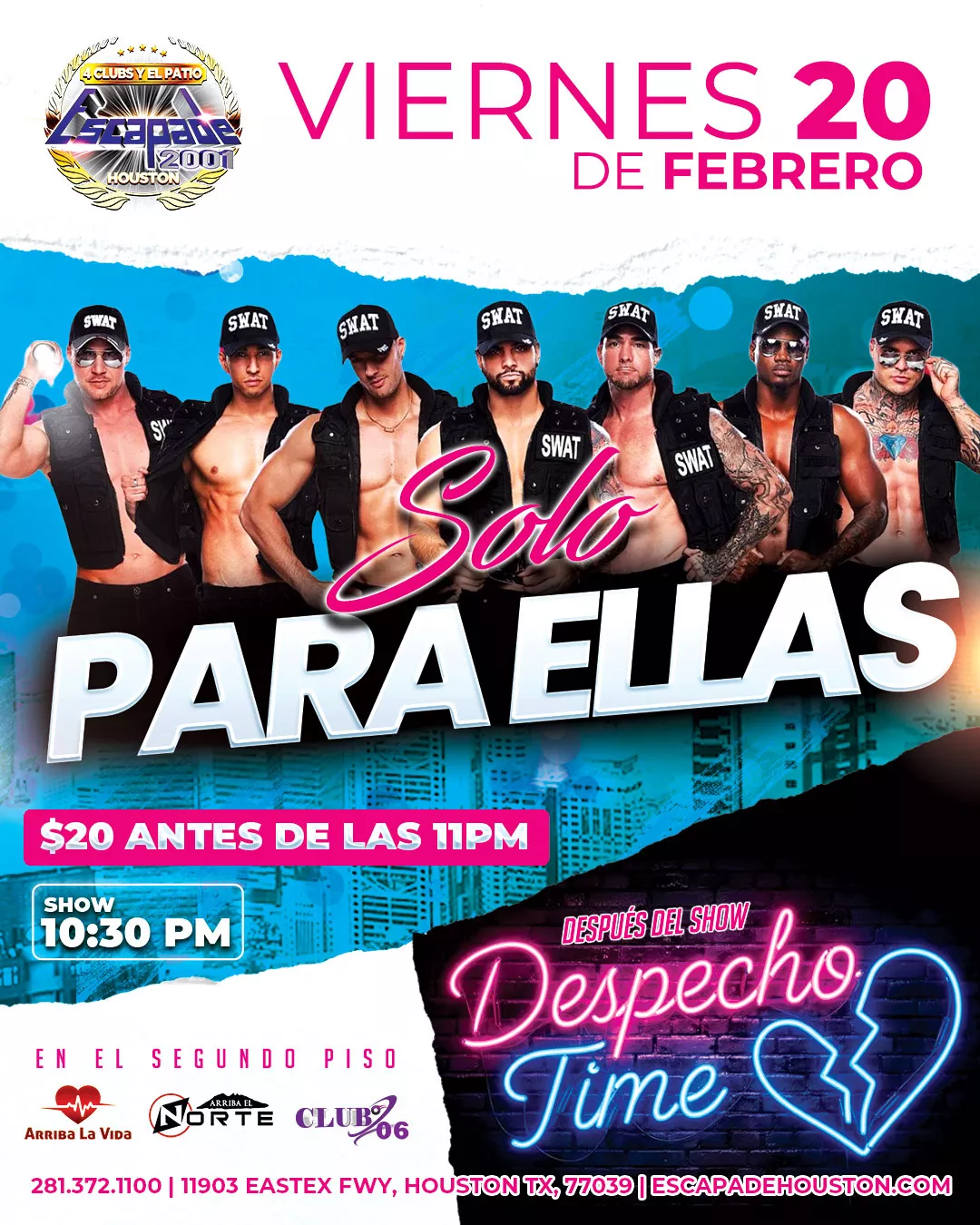 Evento Show Solo Para Ellas con show en vivo y Despecho Time para mujeres en Houston, viernes 20 de febrero.