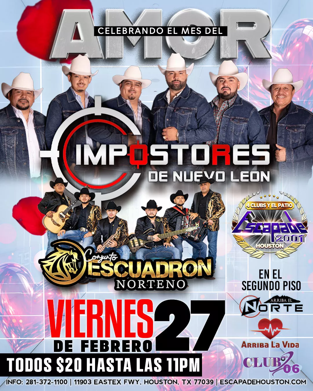Evento de música norteña en vivo con Impostores de Nuevo León y Conjunto Escuadrón Norteño en Houston, viernes 27 de febrero.