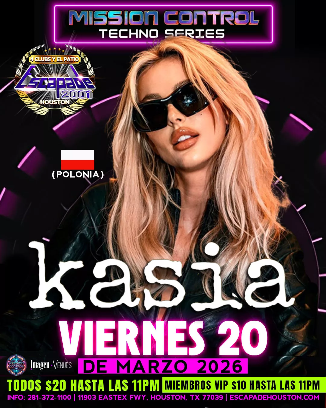 Póster oficial del evento KASIA en Houston, DJ internacional de techno en la Mission Control Techno Series en Escapade 2001, con boletos y reservaciones disponibles.