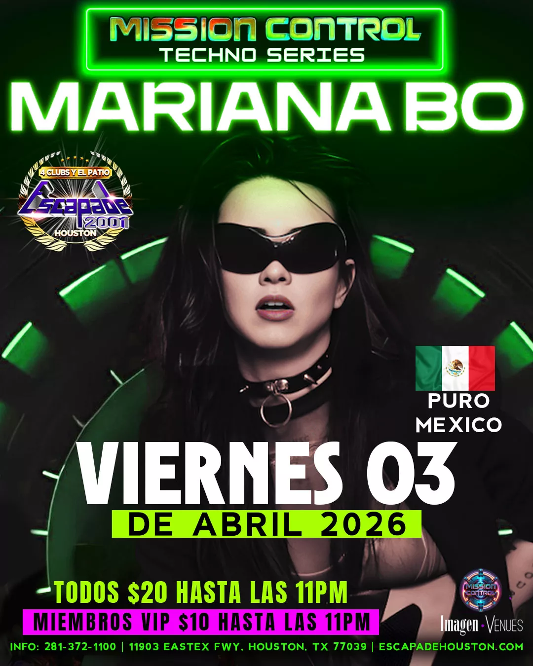 Póster oficial del evento Mariana Bo en Houston, DJ internacional de techno presentándose en la Mission Control Techno Series en Escapade 2001, puertas abren a las 9 PM, boletos y reservaciones disponibles.
