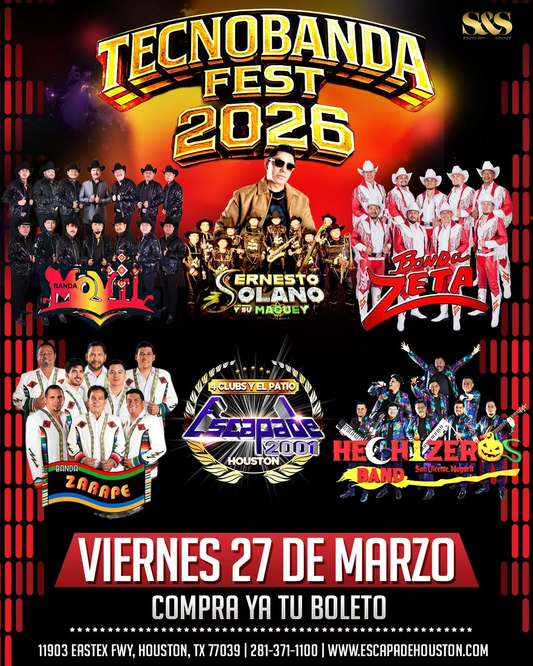 Festival de tecnobanda y música regional en vivo en Houston el viernes 27 de marzo en Escapade 2001.