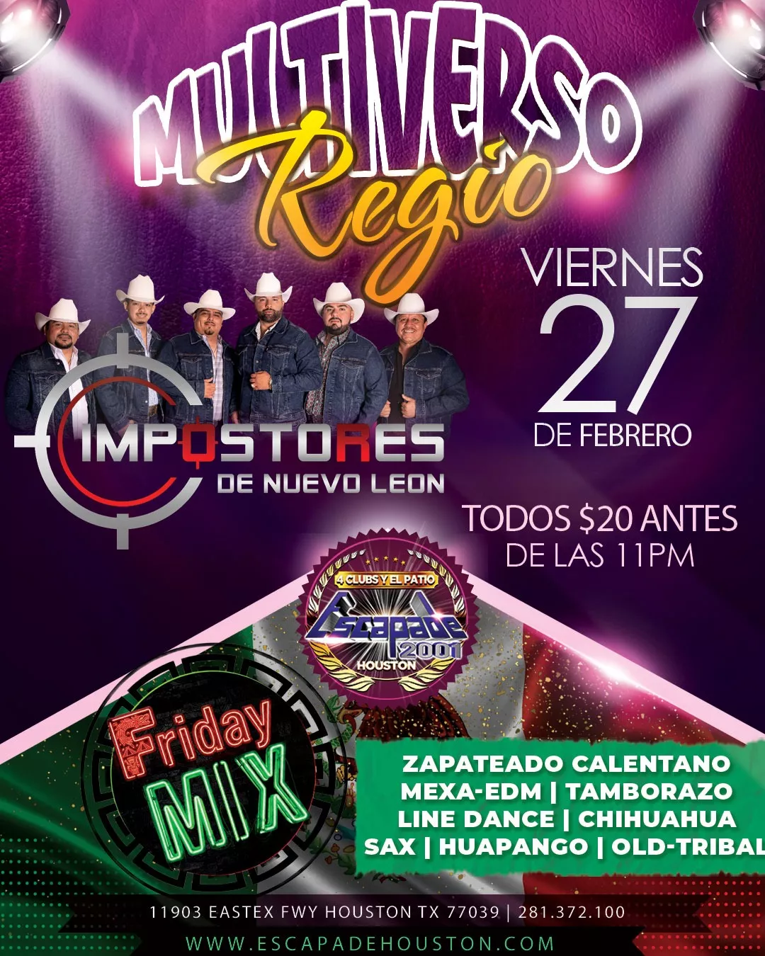 Evento de música norteña en vivo con Impostores de Nuevo León y Conjunto Escuadrón Norteño en Houston, viernes 27 de febrero.