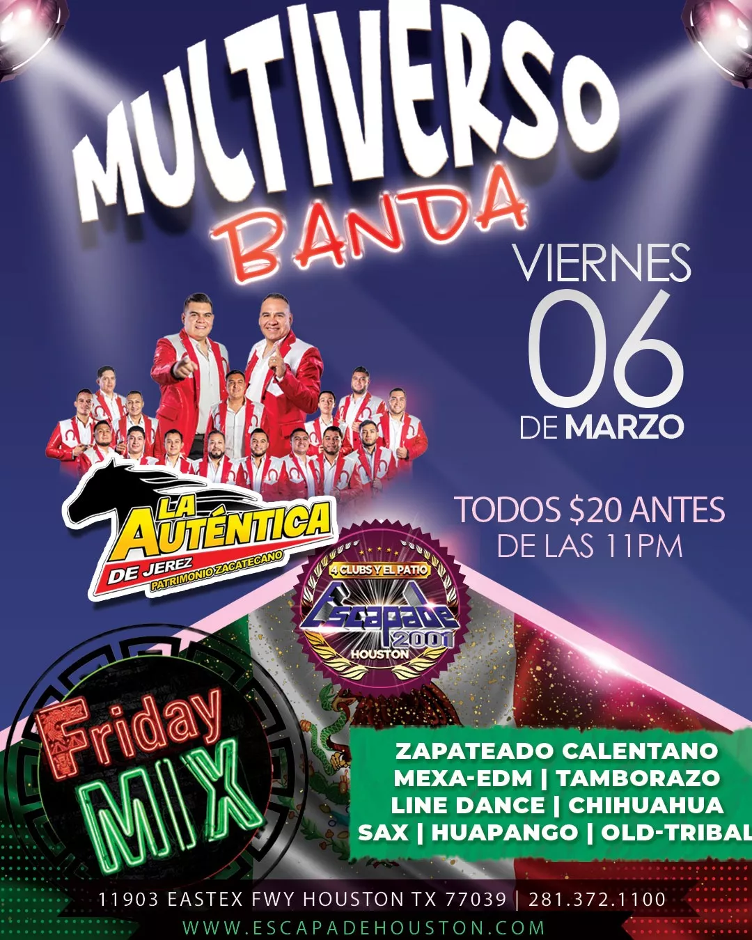 Evento de banda en vivo con La Auténtica de Jerez para bailar en Houston, viernes 6 de marzo.
