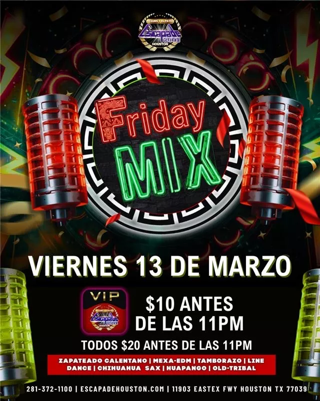 Evento Friday Mix con zapateado calentano, mexa-EDM y tamborazo en Houston, viernes 13 de marzo.