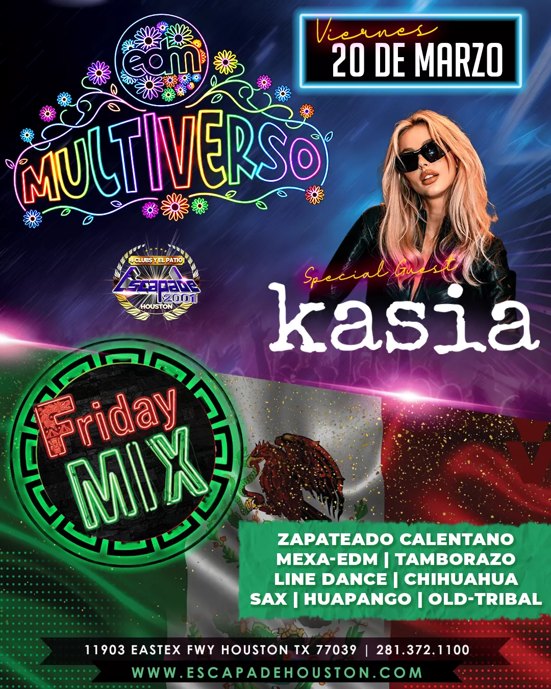 Póster oficial del evento KASIA en Houston, DJ internacional de techno en la Mission Control Techno Series en Escapade 2001, con boletos y reservaciones disponibles.