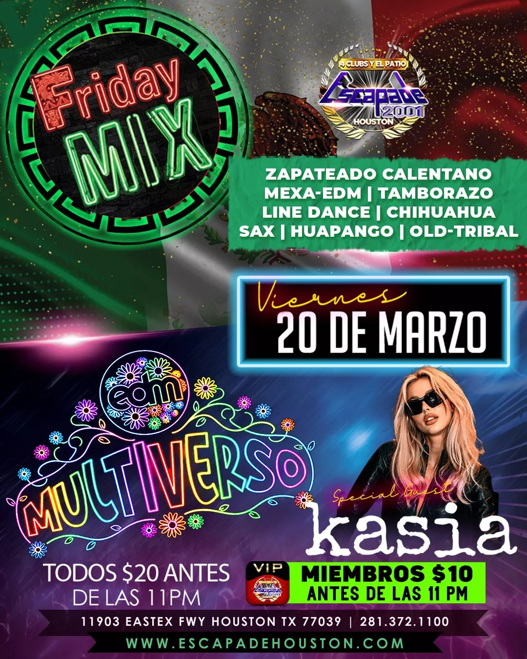 Póster oficial del evento KASIA en Houston, DJ internacional de techno en la Mission Control Techno Series en Escapade 2001, con boletos y reservaciones disponibles.