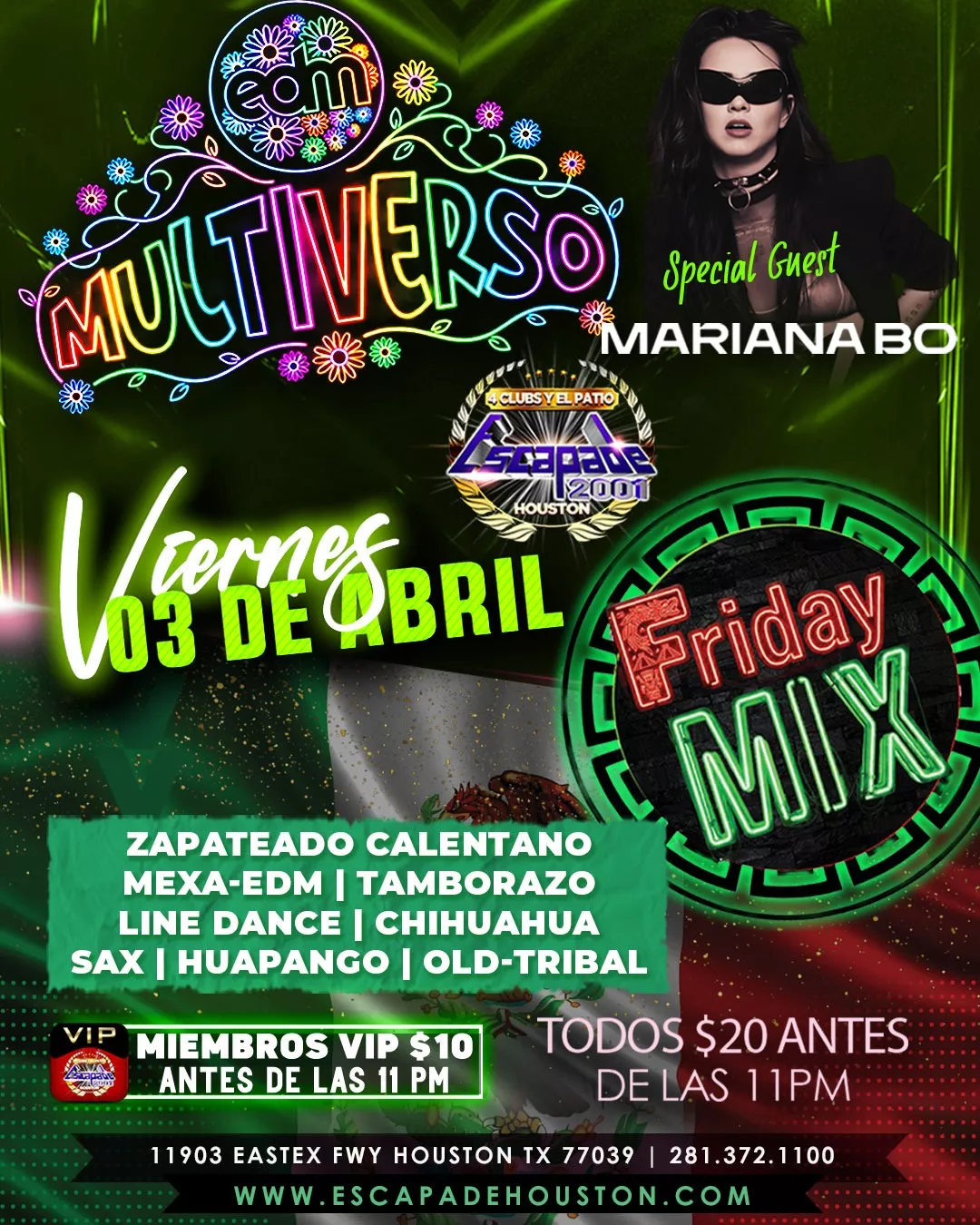 Póster oficial del evento Mariana Bo en Houston, DJ internacional de techno presentándose en la Mission Control Techno Series en Escapade 2001, puertas abren a las 9 PM, boletos y reservaciones disponibles.