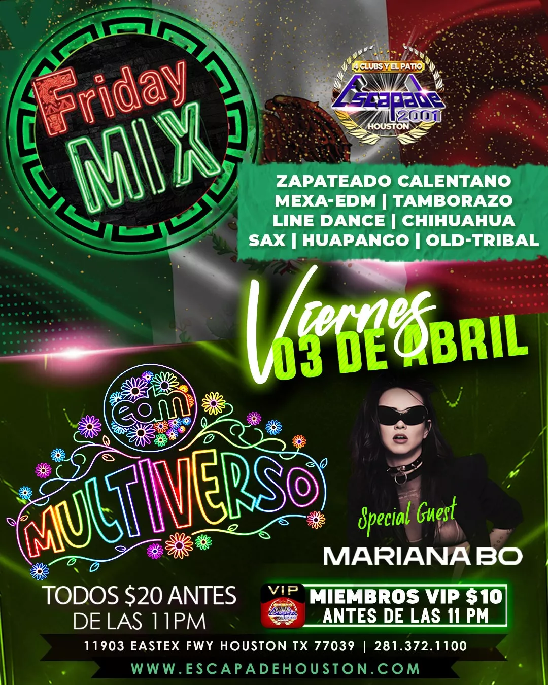 Póster oficial del evento Mariana Bo en Houston, DJ internacional de techno presentándose en la Mission Control Techno Series en Escapade 2001, puertas abren a las 9 PM, boletos y reservaciones disponibles.