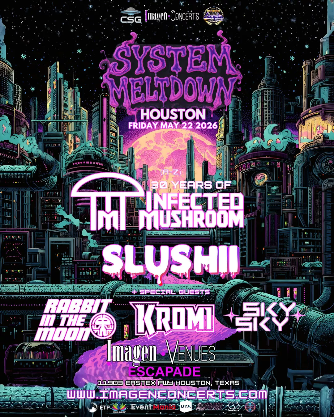Evento EDM en Houston con Infected Mushroom, Slushii, Rabbit in the Moon, Kromi y SKY SKY en Escapade 2001.