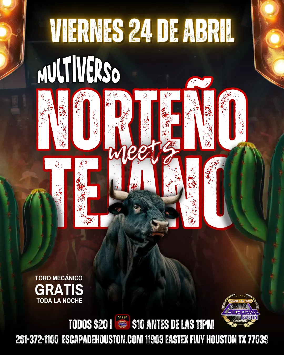 Evento de norteño y tejano en Houston con toro mecánico gratis en Escapade 2001.