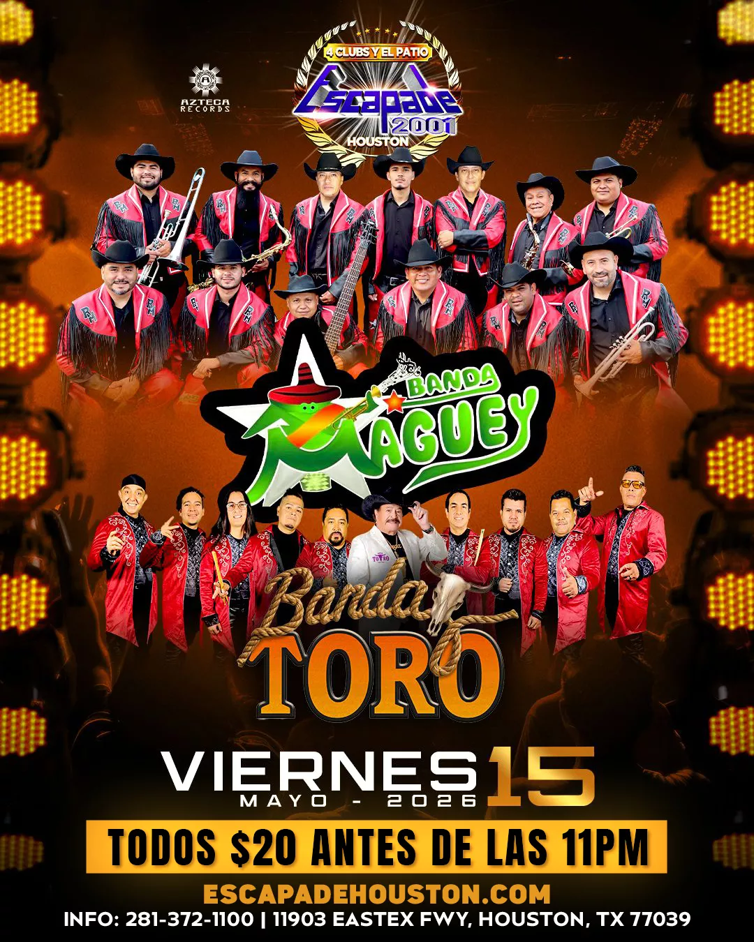 Evento de música de banda en vivo con Banda Maguey y Banda Toro en Houston en Escapade 2001.