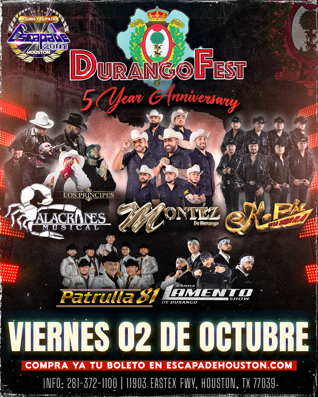 Evento Durango Fest en Houston con música duranguense en vivo en Escapade 2001.